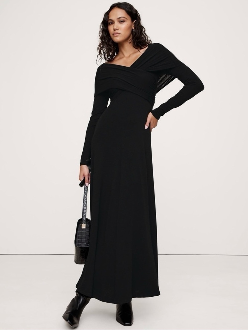 Banana Republic Luxe Wool-Blend Off-Shoulder Maxi Dress Jersey Knit LBD Event